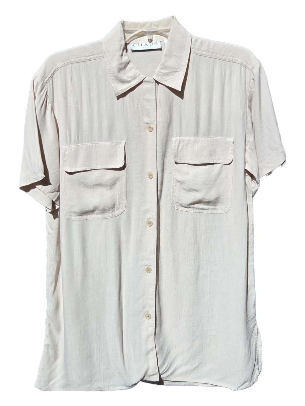 Chaus Sport Vintage Cream Silk-Feel Short Sleeve Utility Button Down Blouse-Sz 6